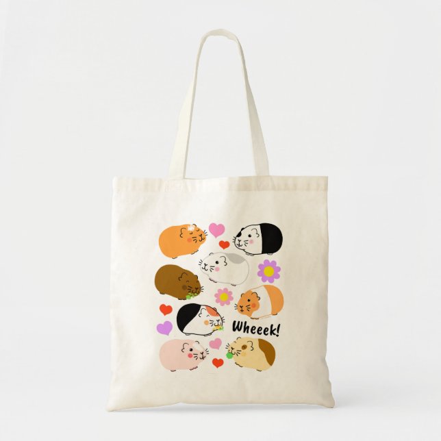Tote Bag Cute Guinea Pigs with Hearts and Flowers (Devant)