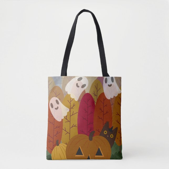 Tote Bag Cute Halloween Black Cat and Ghosts Autumn Pumpkin (Devant)