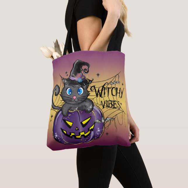 TOTE BAG CUTE HALLOWEEN NOIR CAT WITCH CITROUILLE (De près)