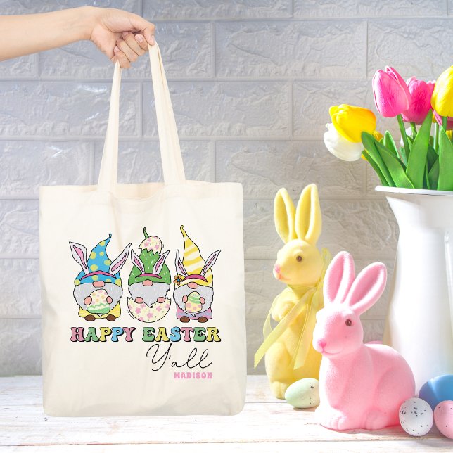 Tote Bag Cute Happy Easter Y'all Gnomes Personalized Name (Créateur téléchargé)