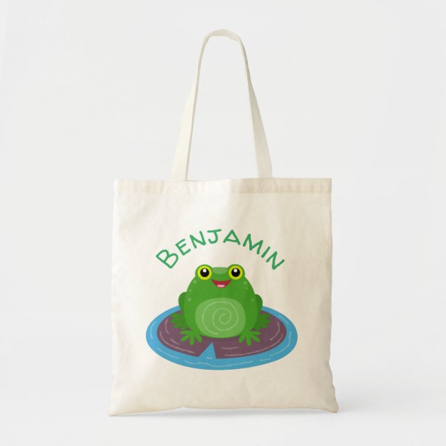 Tote Bag Cute happy green frog cartoon illustration (Devant)