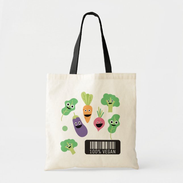 Tote Bag Cute Happy Vegetables 100% Vegan (Devant)