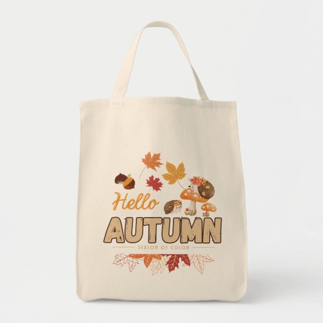 Tote Bag – Cute Hedgehogs, Mushrooms  (Devant)