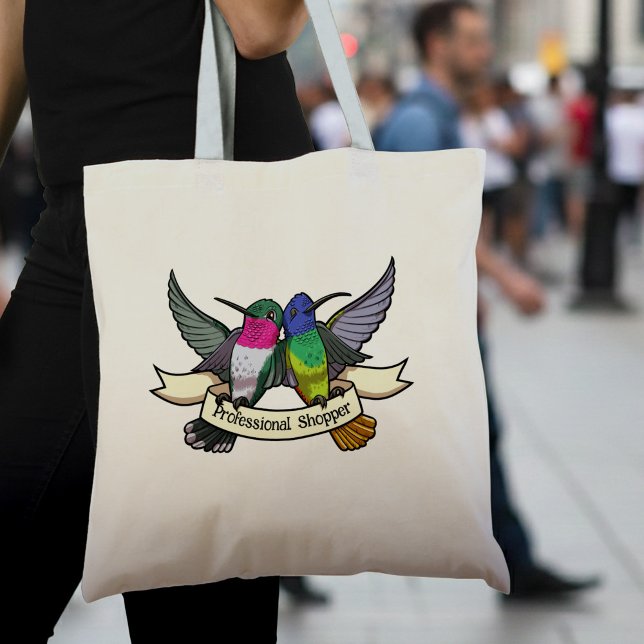 Tote Bag Cute Hummingbirds Add Your Own Text Ribbon Cartoon (Créateur téléchargé)