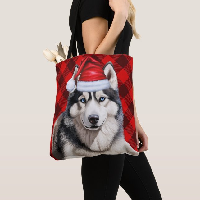 Tote Bag Cute Husky Christmas Dog Red Buffalo Plaid (De près)