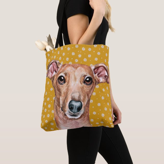Tote Bag Cute Italien Greyhound Jaune Fleur Motif blanc (De près)