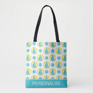 Tote Bag Cute Jaune et bleu Motif nautique Personnalisé