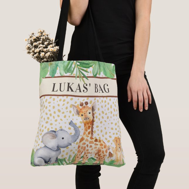 Tote Bag Cute Jungle Safari Bébé Animaux Personnalisé Grand (De près)