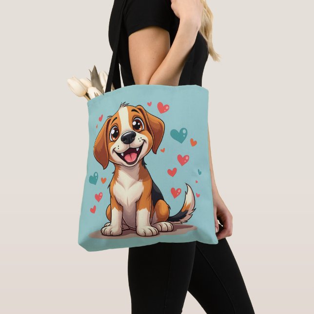 Tote Bag Cute Kawaii Beagle avec Coeurs Jouer Chien Art (De près)