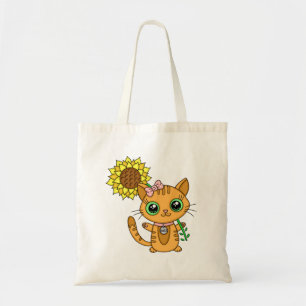 Tote Bag Cute Kawaii Chat Holding Fleur