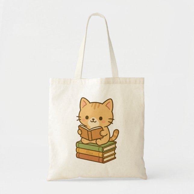 Tote Bag Cute Kawaii Chat Lire un livre Stash (Devant)