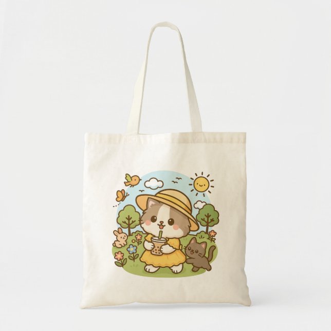 Tote Bag Cute Kawaii Chat Robe Jaune Boire Thé Bubble (Devant)