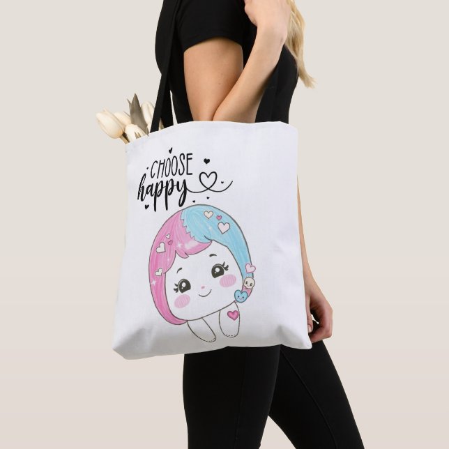 Tote Bag Cute Kawaii “Choose Happy”  – Adorable Posi (De près)
