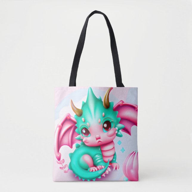 Tote Bag Cute Kawaii Dragon de bébé Turquoise et rose (Devant)