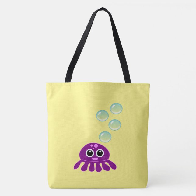Tote Bag Cute Kawaii méduse violette avec des bulles bleues (Devant)
