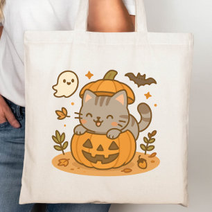 Tote Bag Cute Kawaii Naughty Chat Halloween Citrouille