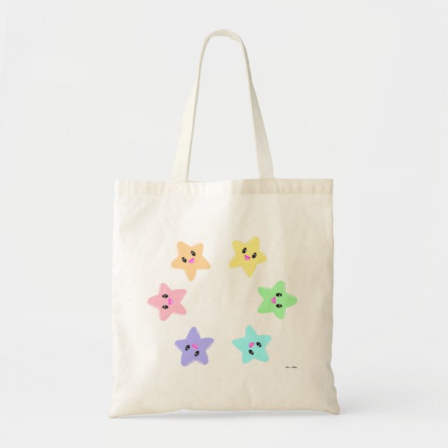 Tote Bag Cute Kawaii Pastel Rainbow Circular Stars Motif (Devant)