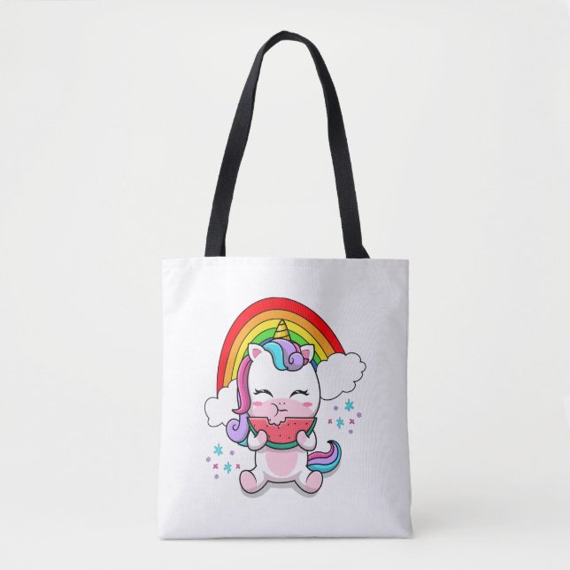 Tote Bag Cute Kawaii Unicorn Manger de la pastèque (Devant)