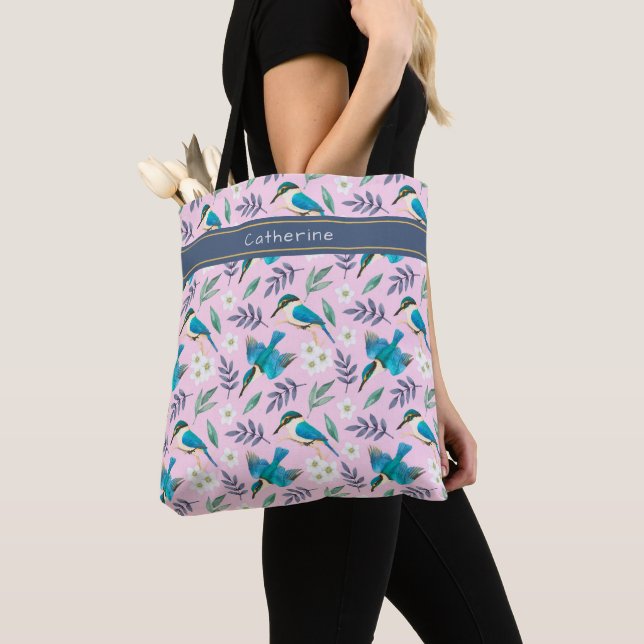 Tote Bag Cute Kingfisher Birds Floral Pattern Nom rose (De près)