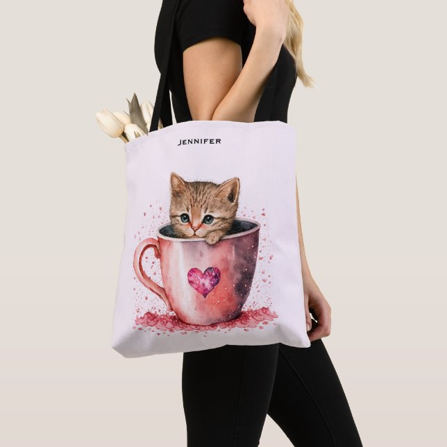 Tote Bag Cute Kitten dans un Teacup avec les coeurs (De près)