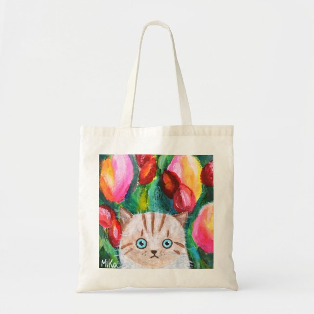 Tote Bag Cute Kitten in Tulip Garden Cat Art adorable (Devant)