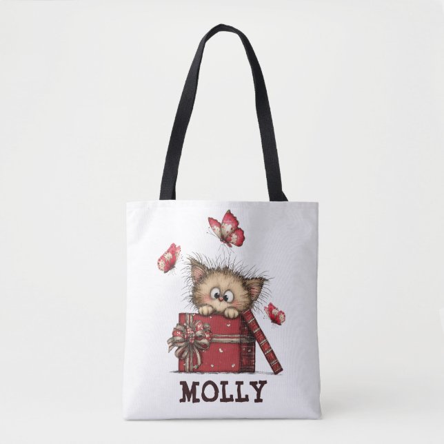 Tote Bag Cute Kitten with Butterflies Personalized (Devant)