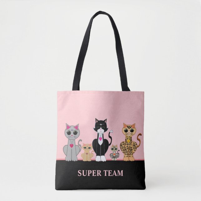Tote Bag Cute Kitty Cat Team & Calligraphie sur Black & Pin (Devant)