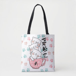 Tote Bag Cute Kitty Kittens Chats en Coupe rose Monogramme
