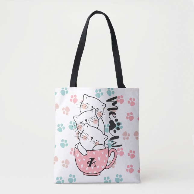 Tote Bag Cute Kitty Kittens Chats en Coupe rose Monogramme (Devant)