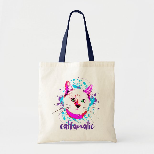 Tote Bag Cute Kitty Visage Hot rose Bleu Chat Fanatique (Devant)