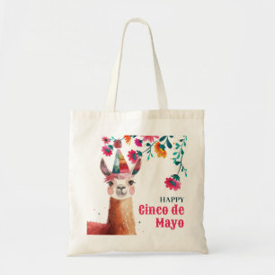 Tote Bag Cute Lama avec Fleurs Fuchsia Joyeux Cinco de Mayo