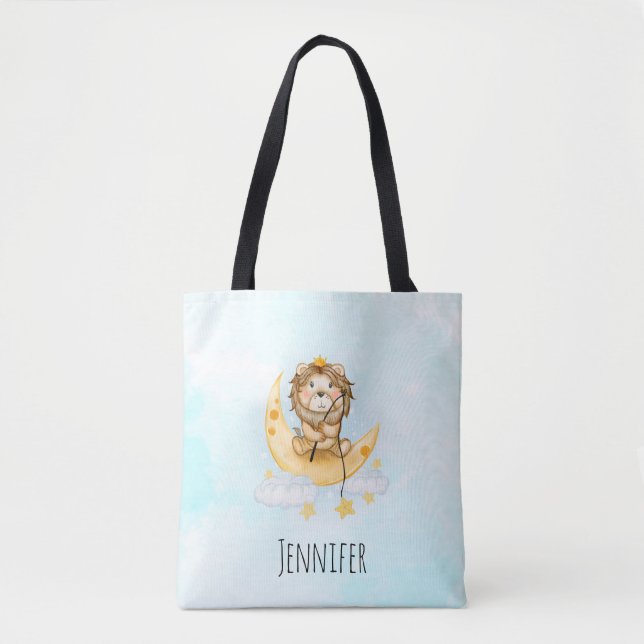 Tote Bag Cute Lion Pêche sur l'aquarelle de la lune (Devant)