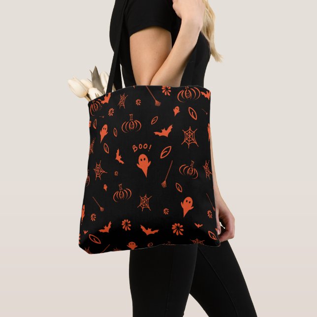 Tote Bag Cute Little Ghost Halloween noir et orange (De près)