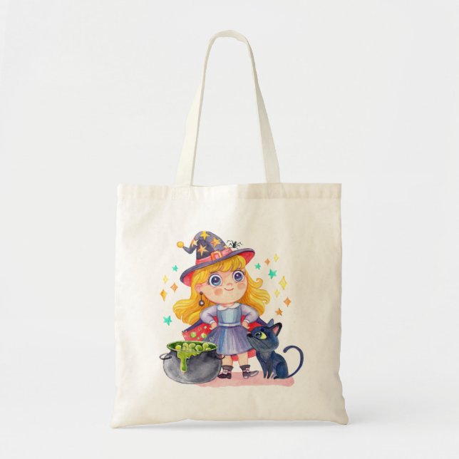 Tote Bag Cute little witch and black cat (Devant)