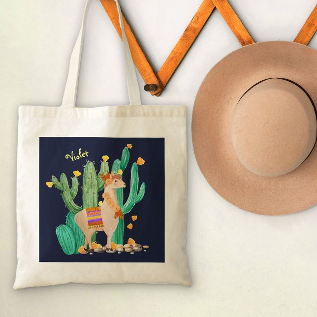 Tote Bag Cute Llama dans le Jardin de Cactus avec Fleurs Ja (Créateur téléchargé)