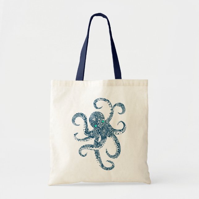 Tote Bag Cute marine bleu Octopus blanc cachemire superposi (Devant)