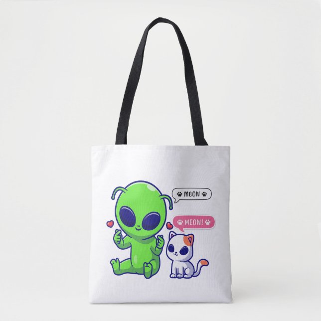 TOTE BAG CUTE MEOW CAT AVEC ALIEN (Devant)