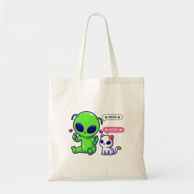 TOTE BAG CUTE MEOW CAT AVEC ALIEN (Devant)