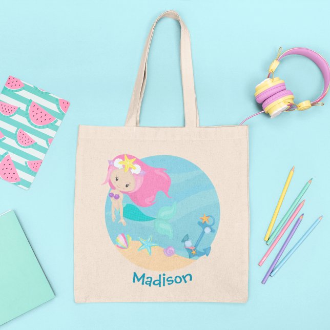 Tote Bag Cute Mermaid Girl Beach Anniversaire Fête Personna (Créateur téléchargé)