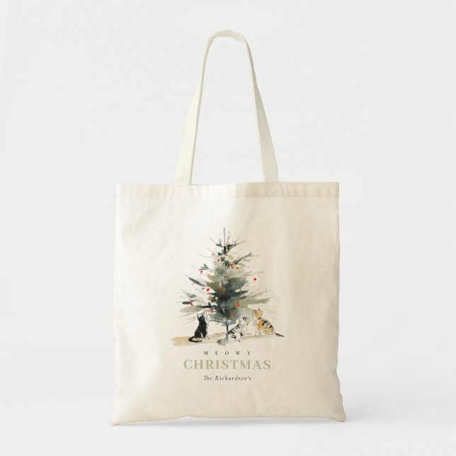 Tote Bag Cute Moderne Aquarelle Meowy Arbre de Noël Chats (Devant)