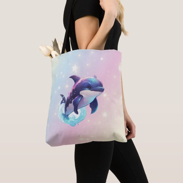 Tote Bag Cute moderne Kawaii Orca tueur baleine rose et ble (De près)