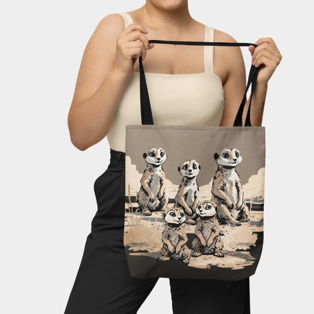 Tote Bag Cute Monochromatique Meerkat Family Desert Art (Créateur téléchargé)