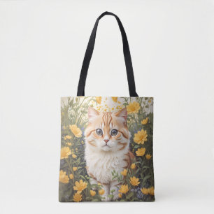 Tote Bag Cute Munchkin Chat Et Fleurs De Tasse À Beurre