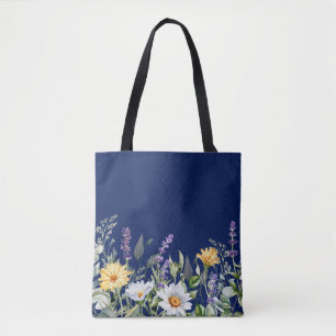 Tote Bag Cute Navy Blue Boho Fleur sauvage Design