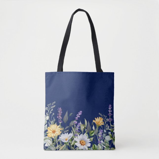 Tote Bag Cute Navy Blue Boho Fleur sauvage Design (Devant)