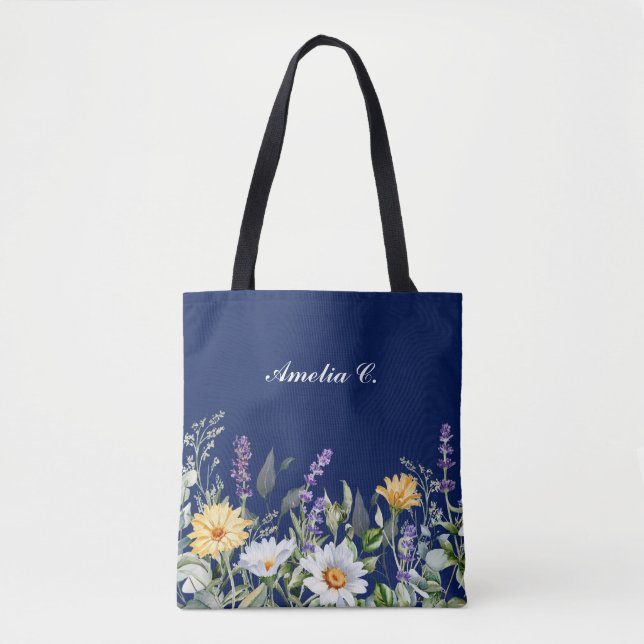 Tote Bag Cute Navy Blue Boho Fleur sauvage Design (Devant)