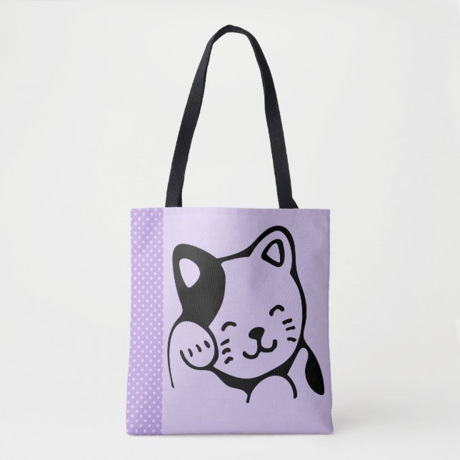 Tote Bag Cute noir et blanc Kitty Chat Waving Bonjour (Devant)