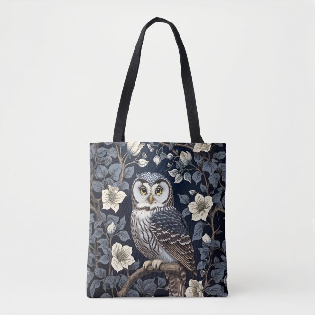 Tote Bag Cute Northern Saw-Whet Owl And Moonflowers On Navy (Devant)