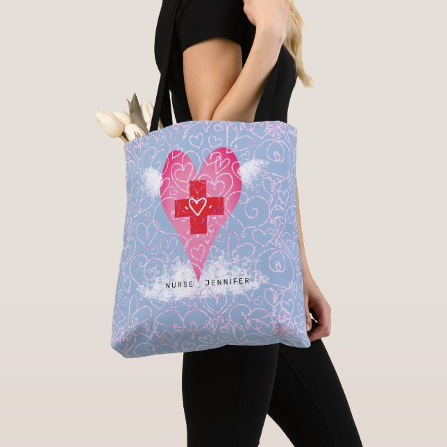 Tote Bag Cute Nurse rose Coeur rouge avec ailes Personnalis (De près)