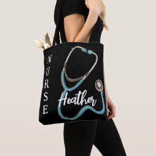 Tote Bag Cute Nurse Stethoscope Turquoise Noir Minimaliste